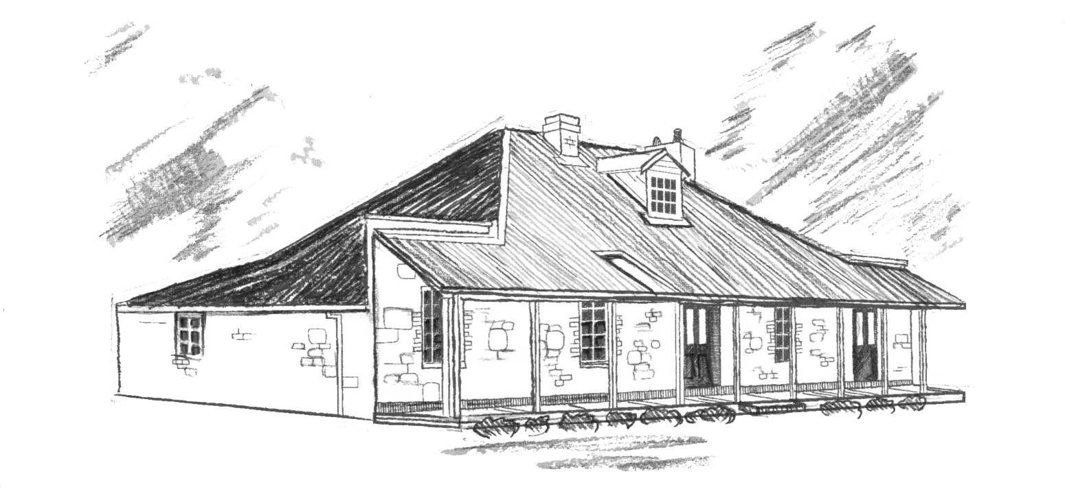 A black and white sketch of a Mahogany Inn with a porch and a roof